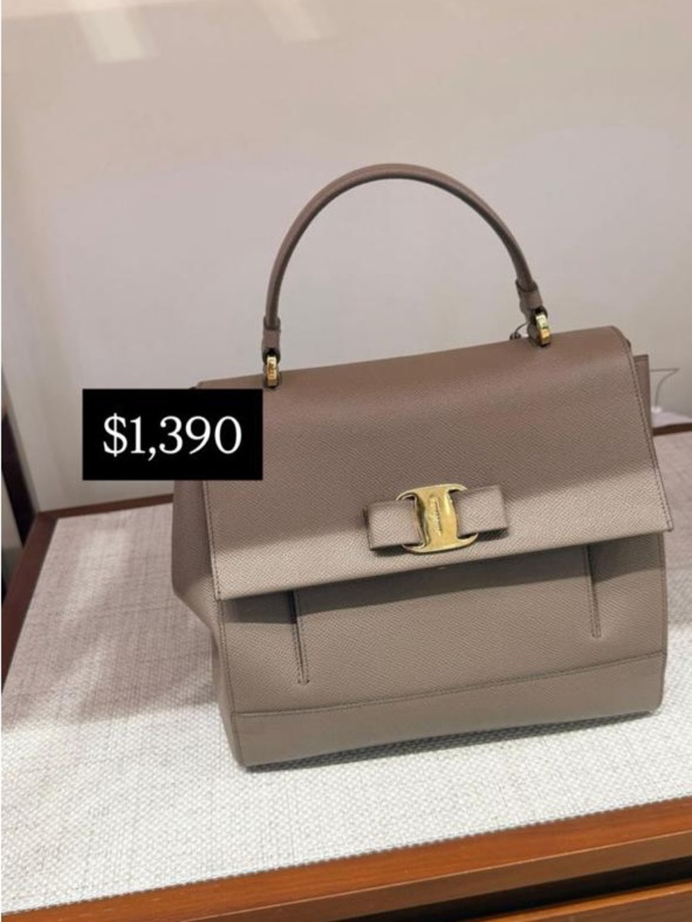 Salvatore Ferragamo Taupe Leather Top-Handle Crossbody with Gold Gancini